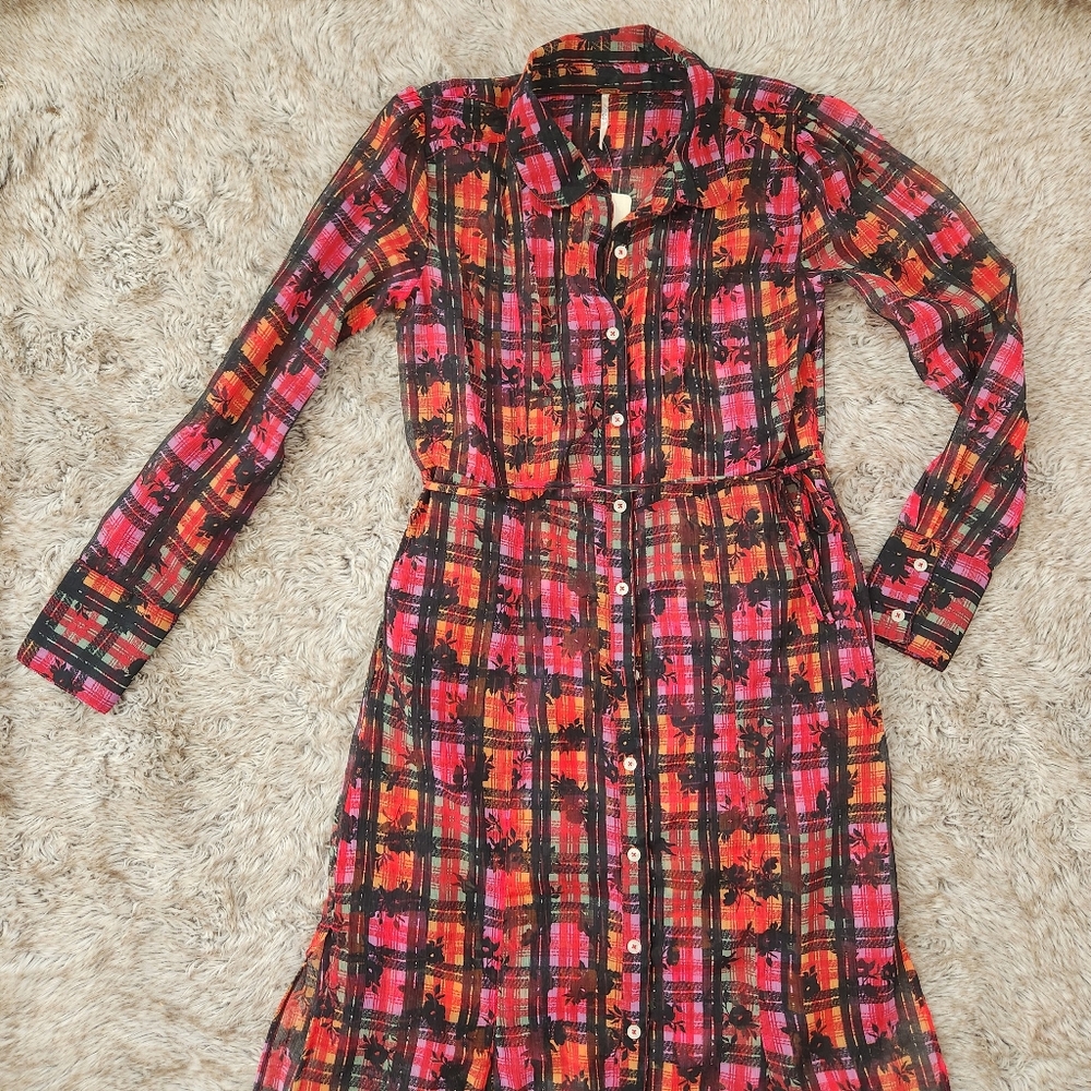 Free People Jerra Shirt Dress In Pink Long Sleeve Button Down Plaid Maxi Dress - Picture 5 of 16